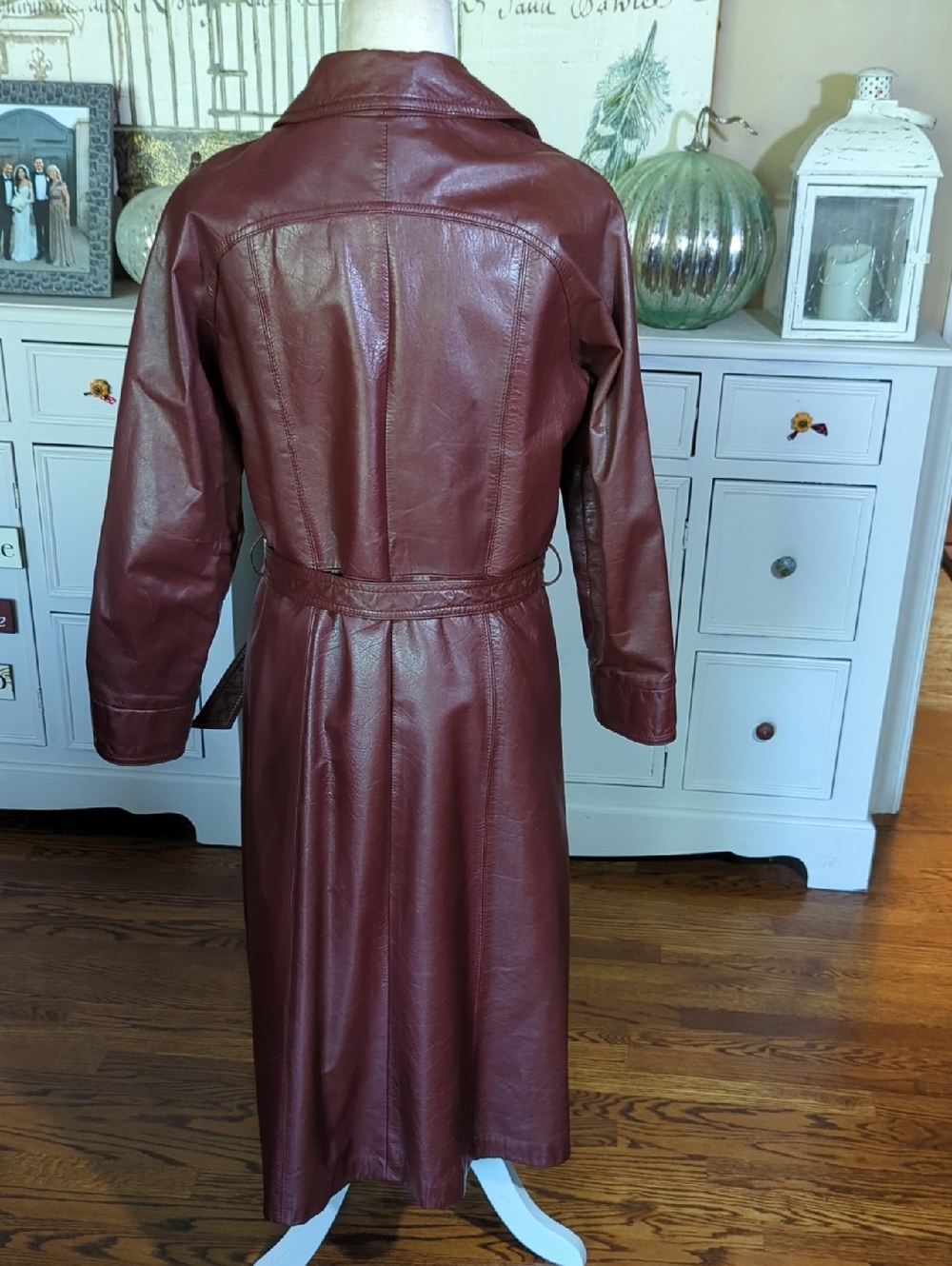 Vtg 70s Suburban Heritage Burgundy oxblood Leather Chic Trench Coat Tie Belt - Picture 6 of 14